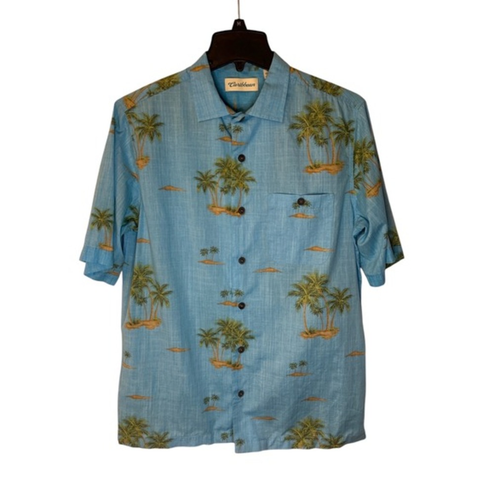 Caribbean‎ Palm Tree Print Button Up Hawaiian Shirt Tropical Vacation Small